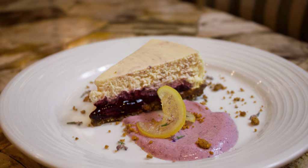 Lemon lavender cheesecake at Four Cornered Steakhouse